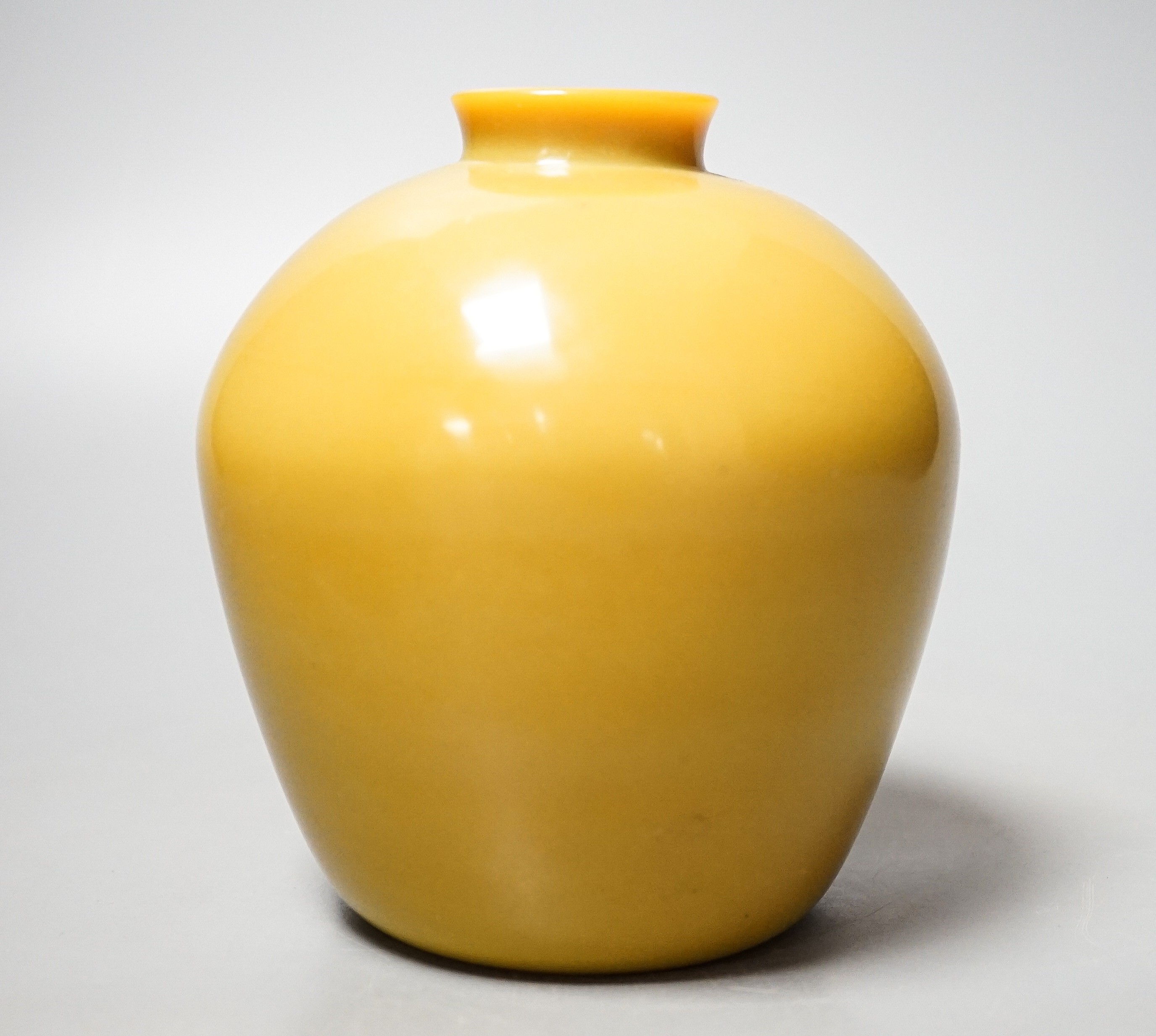 A Chinese Beijing mustard yellow glass vase, Qianlong four character mark, probably 19th century 13.5cm
